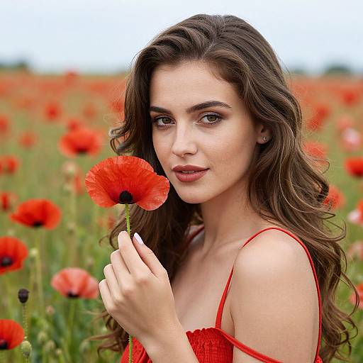 Photograph of a beautiful young woman with long, wavy brown hair, holding a red poppy, wearing a red dress, in a vibrant pop