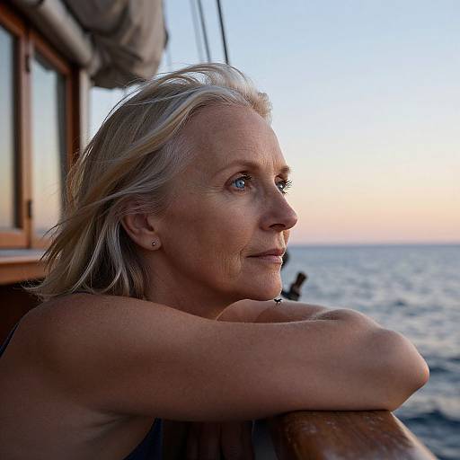 Photograph of a middle-aged blonde woman with blue eyes, topless, gazing at a sunset over the ocean from a wooden boat.