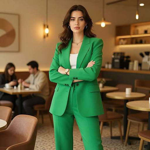 Photograph of a confident woman with wavy dark hair, wearing a bright green suit, standing in a cozy café with blurred patrons in the background.