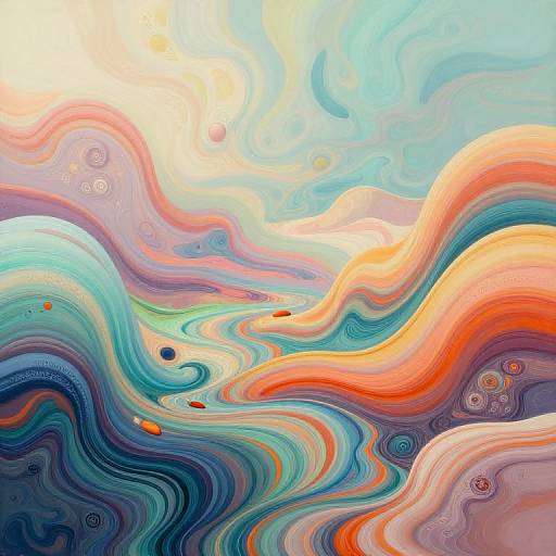 Abstract digital art with swirling waves of vibrant colors—orange, blue, pink, green—creating a fluid, wavy pattern with light bubbles.