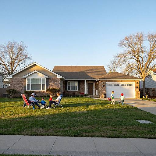 Photograph of a suburban house with brown brick and white trim, children sitting in lawn chairs on the grass, driveway, clear blue sky, and leaf