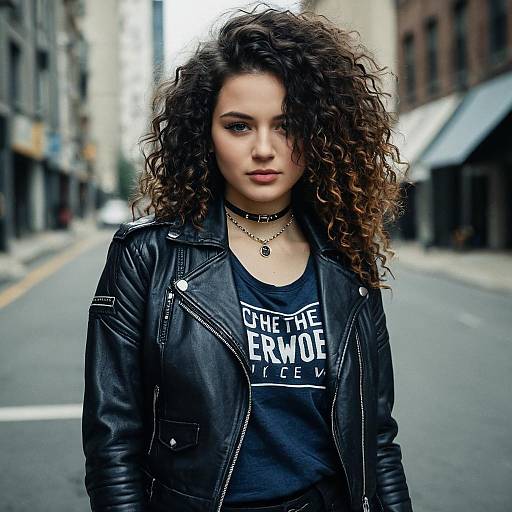 Photograph of a young woman with curly brown hair, wearing a black leather jacket and 