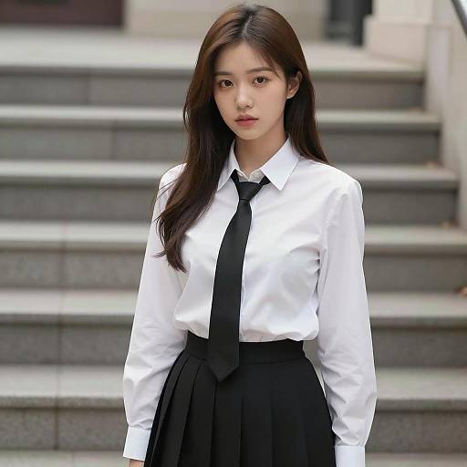 Asian woman in white shirt and black skirt on steps