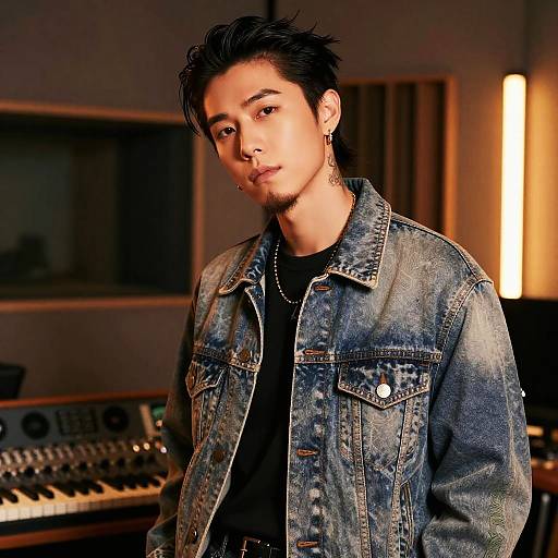Photograph of an Asian man with short, spiked black hair, wearing a denim jacket over a black shirt, standing in a dimly lit music studio