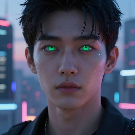CGI close-up of a young Asian man with glowing green eyes, short black hair, and a serious expression, set against a neon-lit city