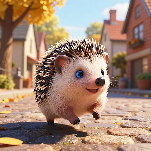 CGI image of a cute, blue-eyed hedgehog with black and white spines, running on a sunny, cobblestone street with autumn leaves