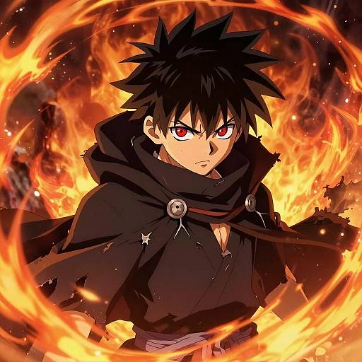 Anime-style digital artwork of a black-haired, red-eyed boy with spiky hair, wearing a black cloak, surrounded by swirling orange and yellow flames.