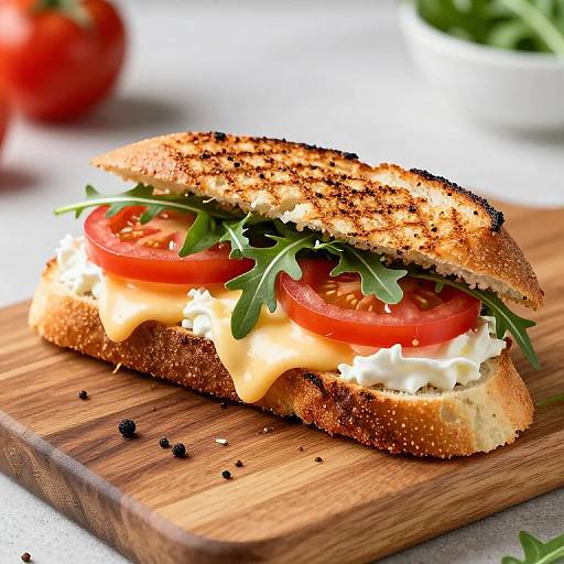 Photograph of a toasted sandwich with melted cheese, tomato slices, fresh spinach, and creamy filling on a wooden board.