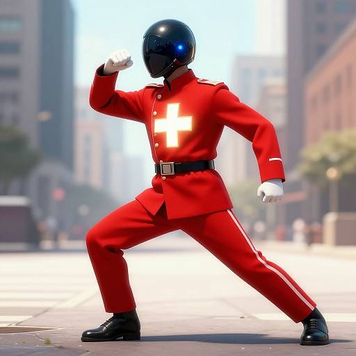 Modern Swiss Guard in Futuristic Cityscape