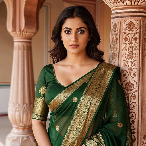 Photograph of an Indian woman with dark, wavy hair, wearing a green saree with gold embroidery, standing against ornate, pink columns.