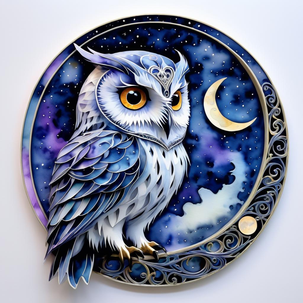 Surreal Watercolor Owl with Crescent Moon