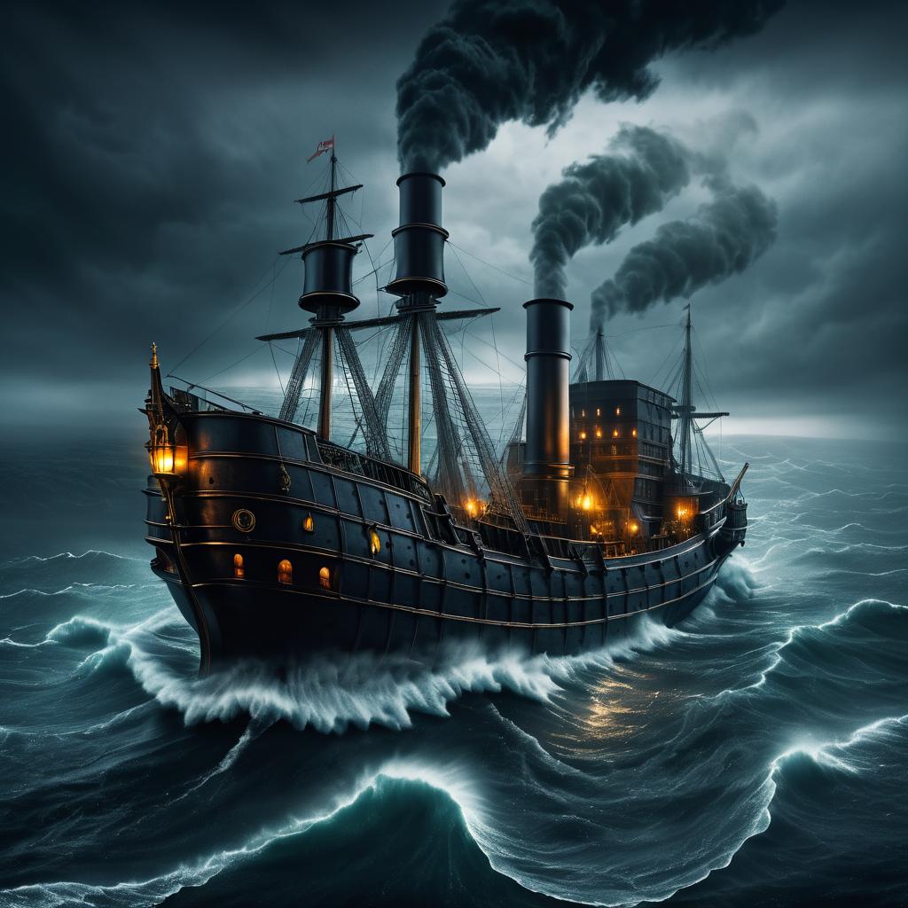 Stormy Medieval Steamship in Dark Fantasy