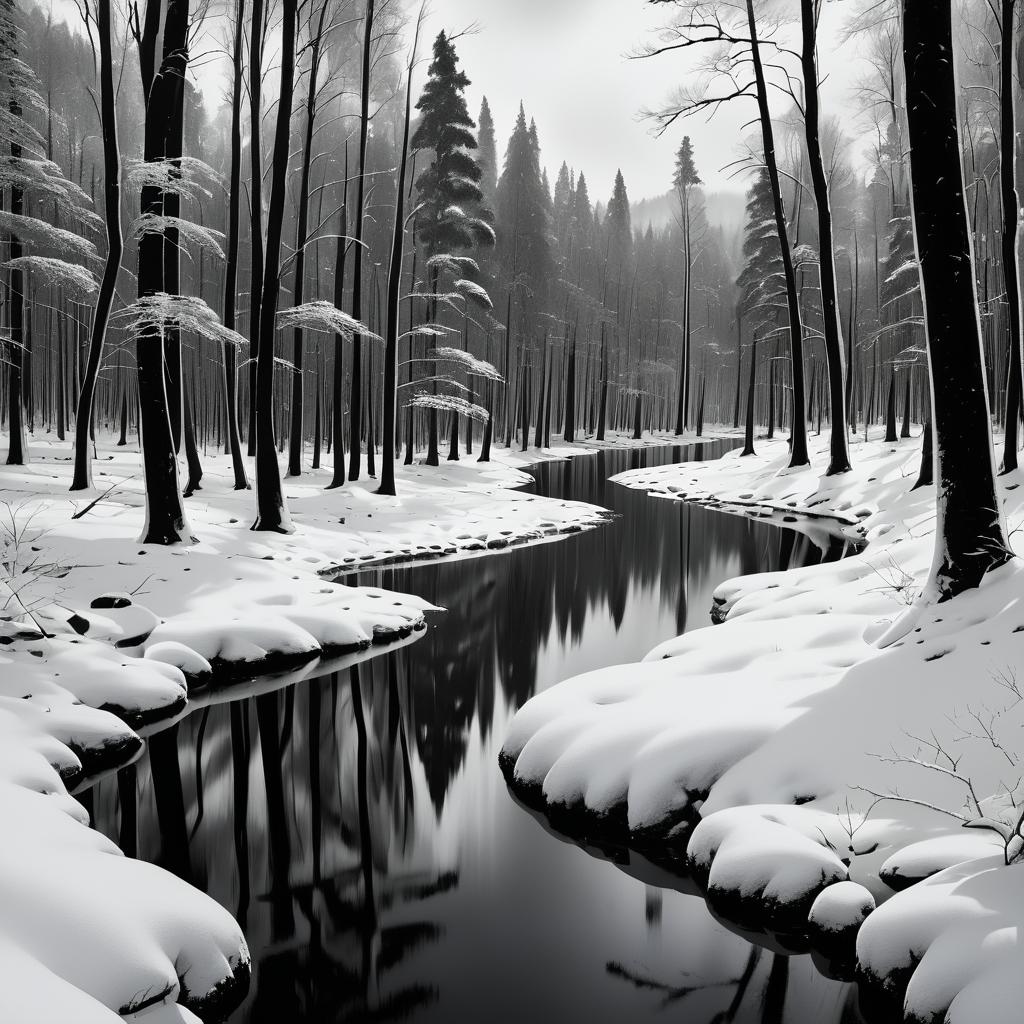 Moody Riverbend in a Snowy Forest