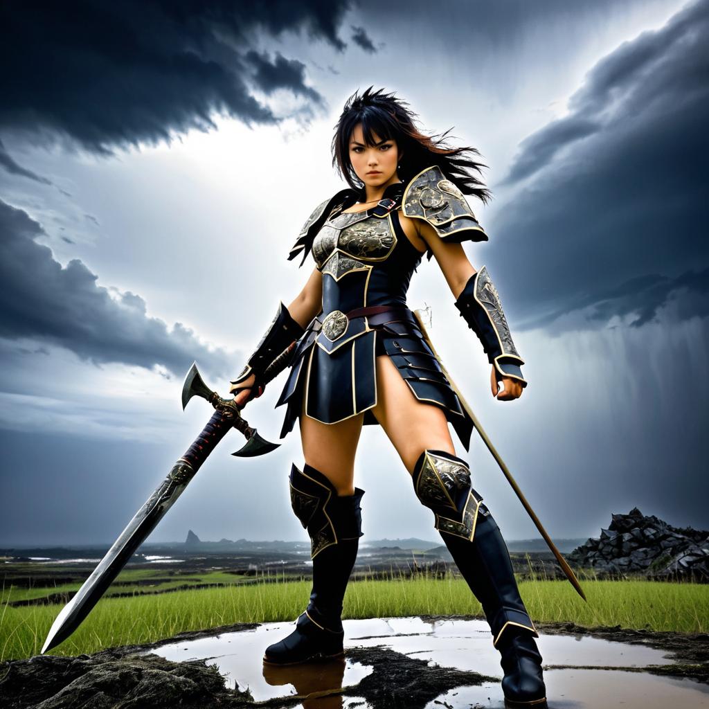 Fierce Warrior Woman in Stormy Battle