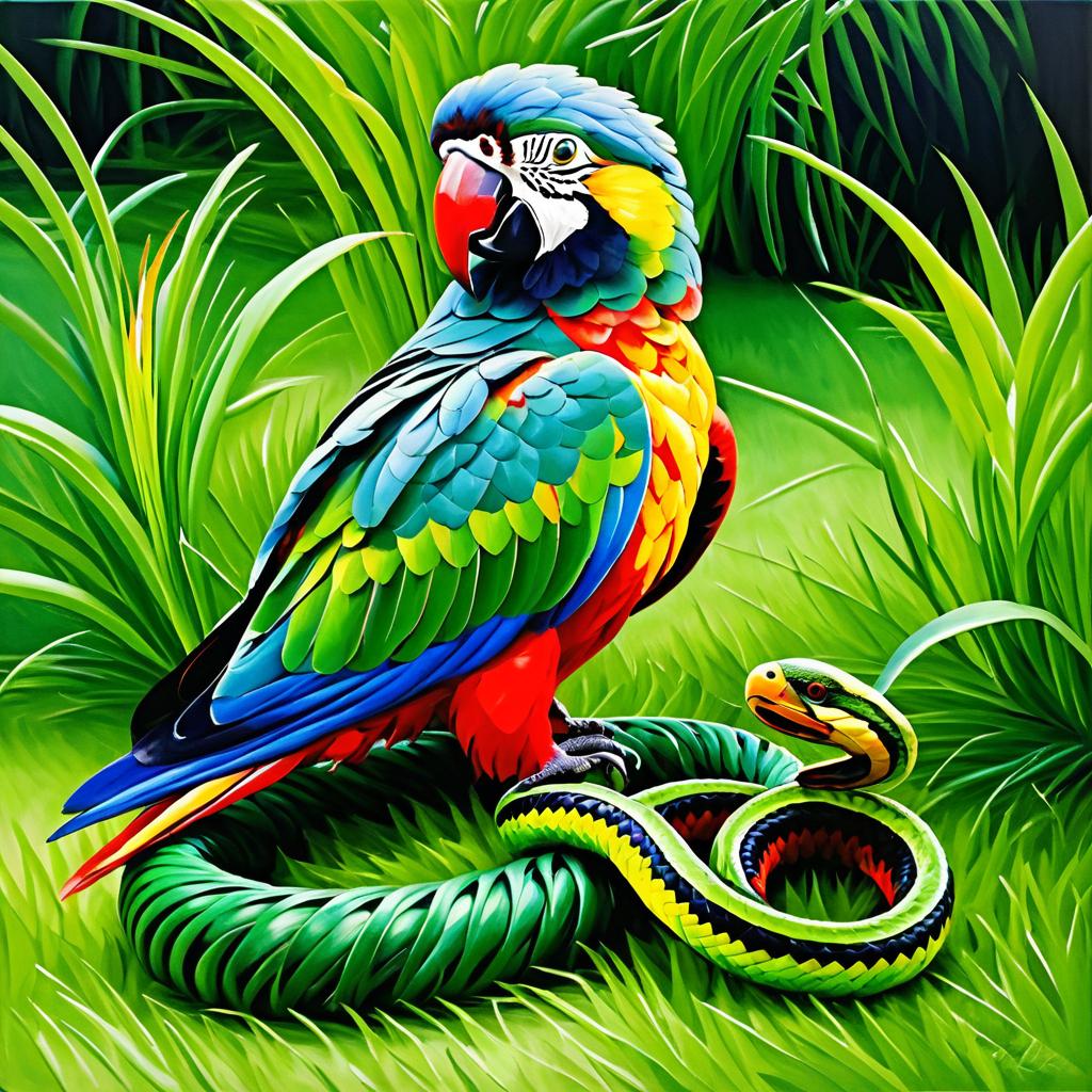 Vibrant Parrot and Snake Oil Painting