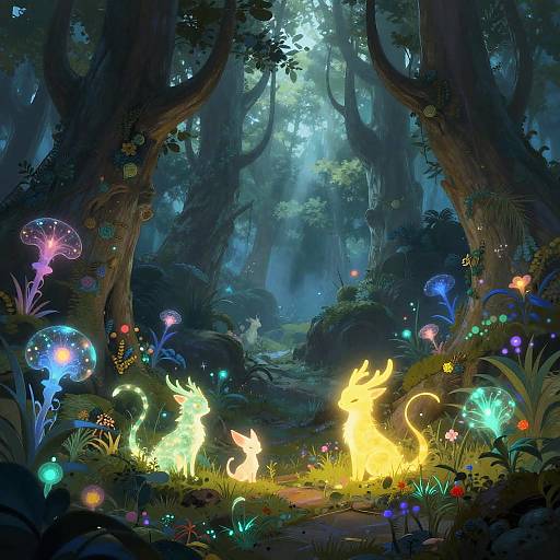 Digital fantasy forest scene with glowing, ethereal creatures and colorful bioluminescent mushrooms and plants under a moonlit, misty canopy.
