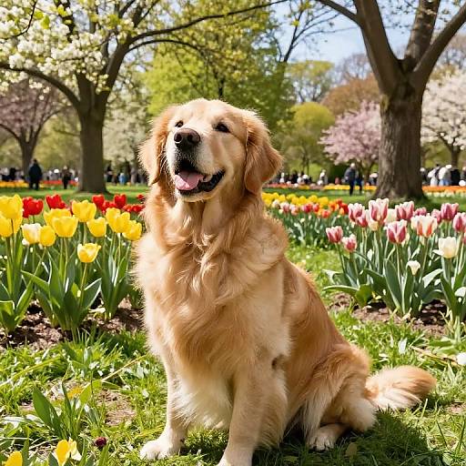 Golden retriever sitting on grass in a sunlit park, surrounded by colorful tulips (yellow, red, pink), with trees and people in the