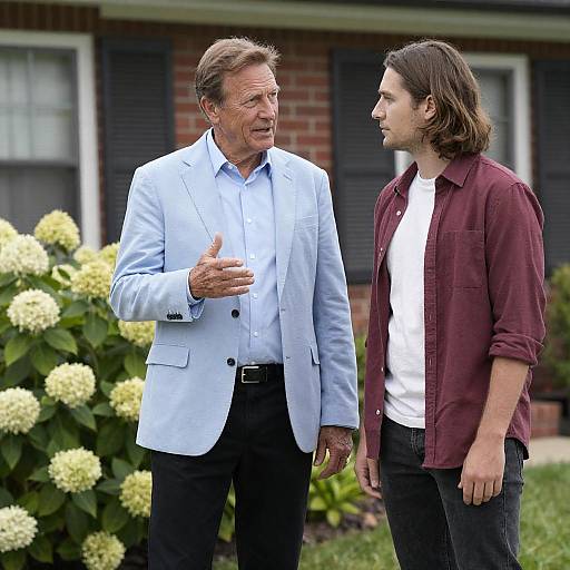 Two Men Conversing by Brick House