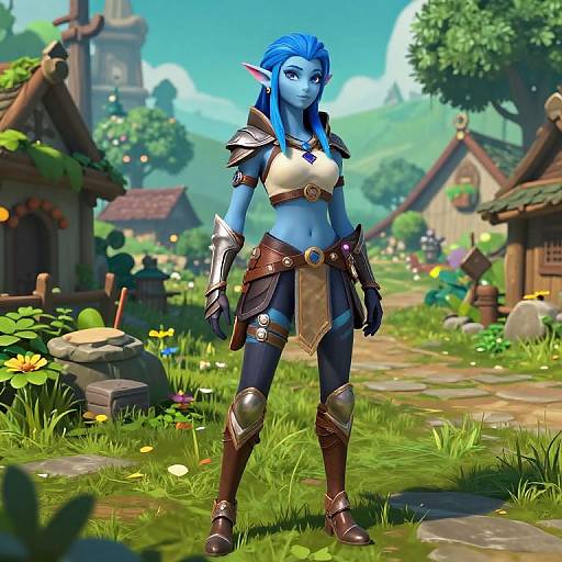 Digital art of a blue-skinned, elf-like warrior woman with blue hair, wearing armor and standing in a vibrant, fantasy village.