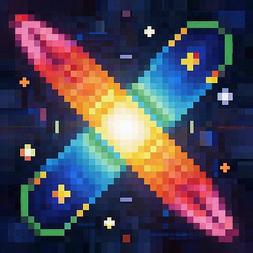 Pixel art of a vibrant, multicolored galaxy with a bright yellow center, surrounded by red, orange, blue, and green, against a dark