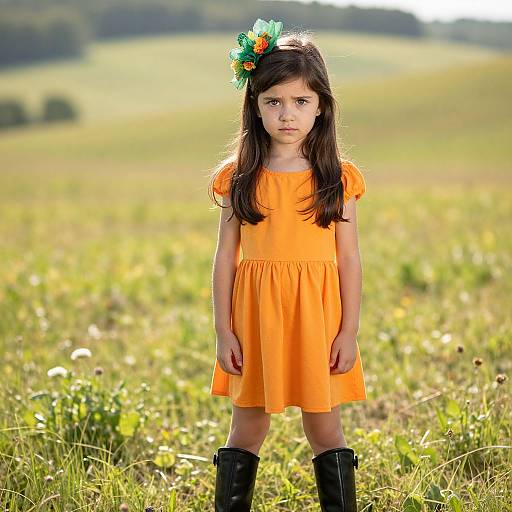 Photograph of a young girl with long dark hair, wearing an orange dress, black boots, and a green flower hairpiece, standing in a sun