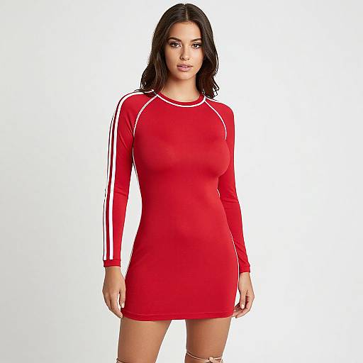 Photograph of a young woman with long dark hair, wearing a tight, red long-sleeve mini dress with white stripes on the sleeves, standing