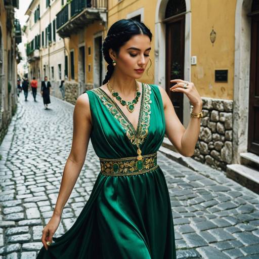 Elegant Woman in Emerald Green Gown on Italian Street