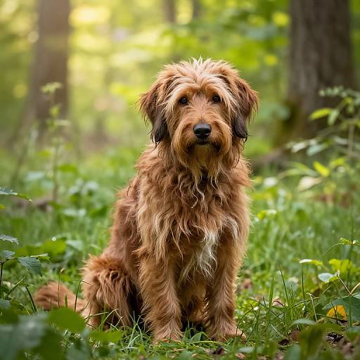 Photograph of a fluffy, medium-sized, golden-brown dog with shaggy fur sitting on lush green grass in a sunlit forest.