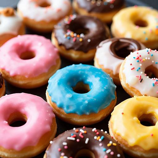 Photograph of colorful donuts with pink, blue, white, yellow glazes, and chocolate, topped with sprinkles, arranged closely together.