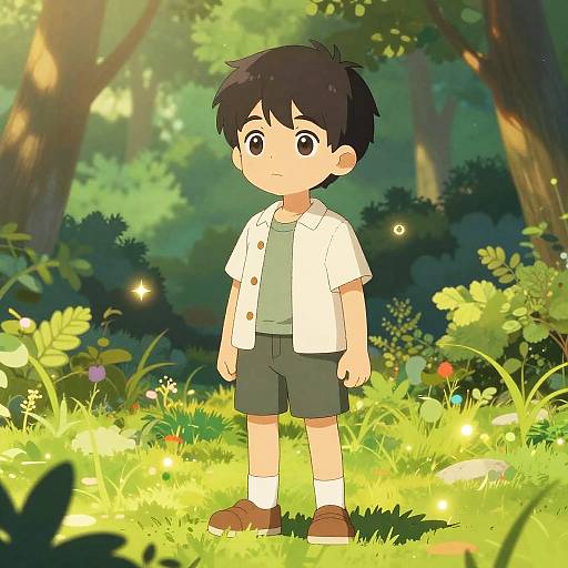 Boy in Sunlit Fantasy Forest