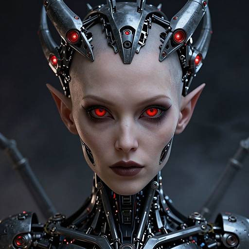 CGI image of a pale-skinned, bald, elf-like woman with glowing red eyes, wearing a robotic crown and cybernetic armor, set