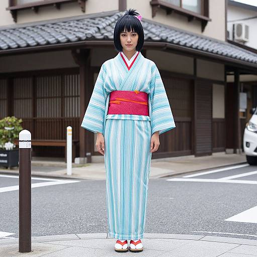 Photograph of a Japanese woman in a light blue striped kimono with a red obi, standing on a street in front of traditional wooden buildings.