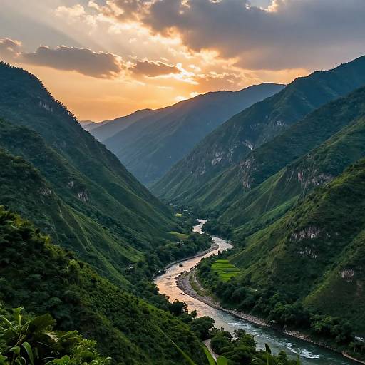 Sunset Valley Between Towering Mountains