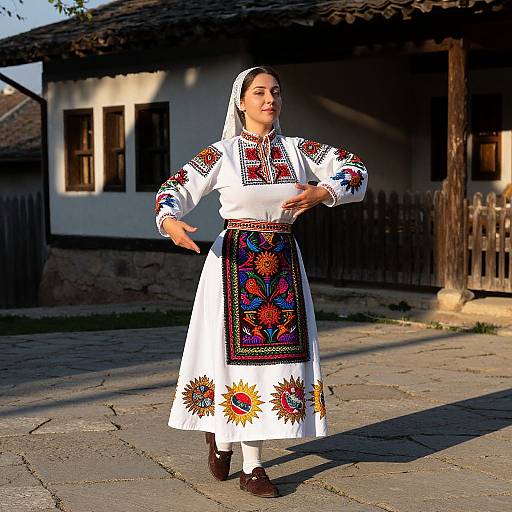 Photograph of a woman in a white traditional embroidered dress with colorful floral patterns, standing on a stone path in front of a rustic wooden house.