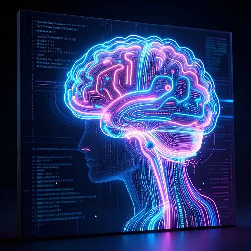 Neon-lit digital artwork of a profile view of a human head, outlined in vibrant blue, pink, and purple neon lines, against a dark