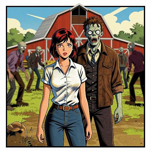 Comic-style drawing: Scared woman with red bob haircut, white blouse, blue jeans, stands beside green-skinned zombie in brown jacket, red barn