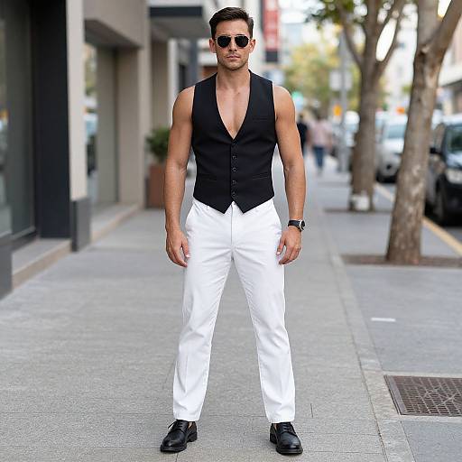 Photograph of a muscular man with tan skin, wearing a black sleeveless vest, white pants, black shoes, and sunglasses, standing on a city