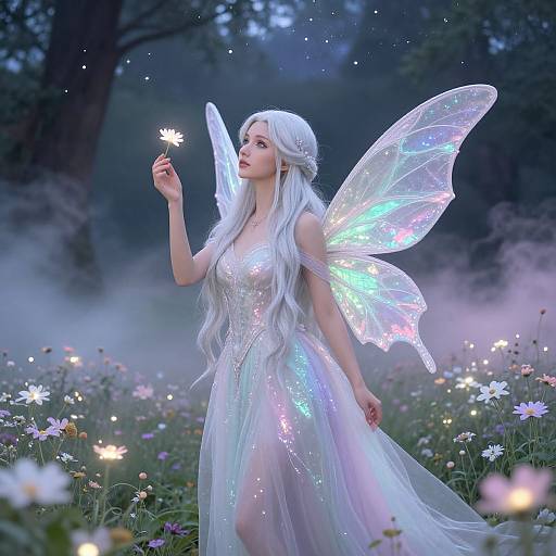 Photograph of a fairy-like woman with long white hair, glowing wings, and a shimmering white dress, gently holding a sparkly flower in a