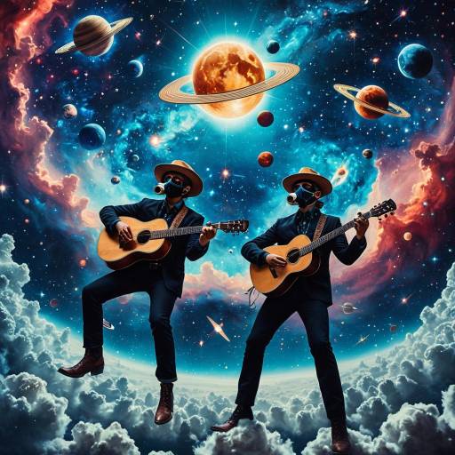 Masked Musicians Floating in Surreal Space