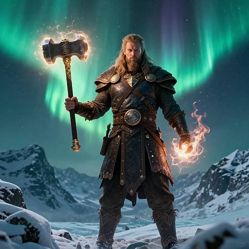 A muscular, bearded man with long hair holds a glowing hammer and fire, wearing dark armor, against a snowy mountain backdrop with vibrant green auroras