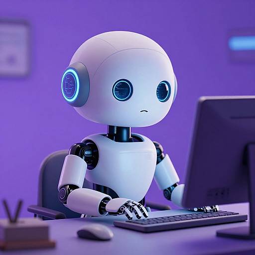 Photorealistic CGI of a white, round-headed robot with blue glowing eyes and earpieces, typing on a keyboard in a purple-lit office.