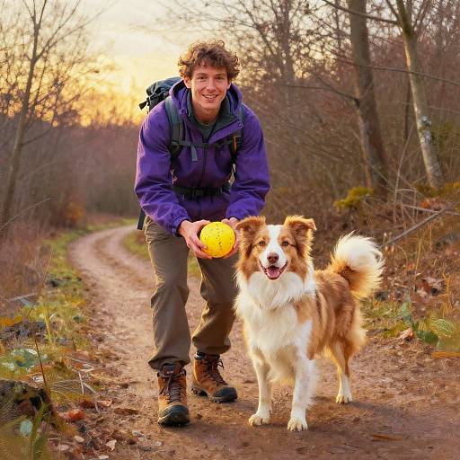 Photograph of a smiling man in a purple jacket and backpack, holding a yellow ball, standing on a dirt path with a brown and white Border Coll