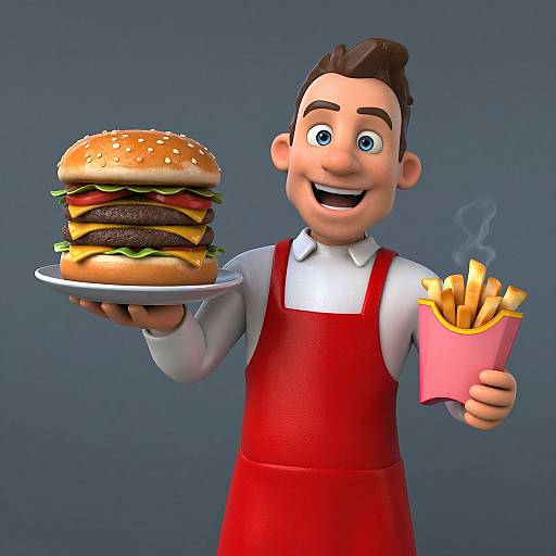 3D cartoon chef with brown hair, wearing red apron and white shirt, holds oversized burger and steaming fries against blue background.