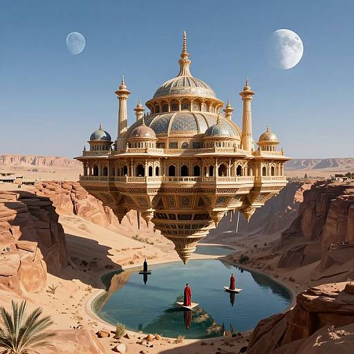 Photorealistic CGI of a floating, golden, dome-topped palace over a desert oasis with three people in red robes paddling on a reflective pond