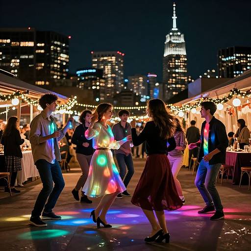 Nighttime rooftop party with glowing LED lights, city skyline, and illuminated string lights; people dancing in colorful light reflections.