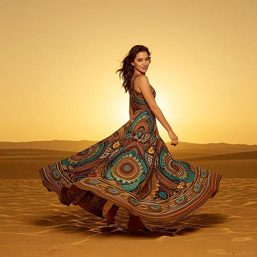 Photograph of a smiling woman with long dark hair, wearing a colorful, swirling-pattern dress, dancing in a golden desert at sunset.