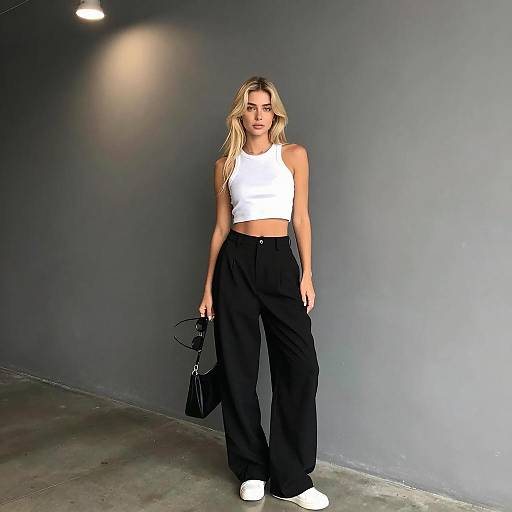 Blonde Woman in White Crop Top and Black Pants