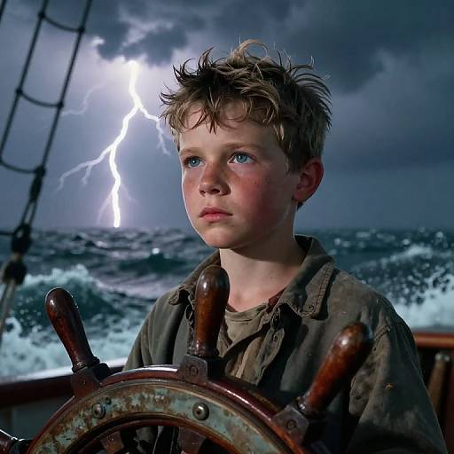 Photograph of a young boy with tousled blonde hair, blue eyes, and flushed cheeks, gripping a rusty ship wheel under a stormy night sky