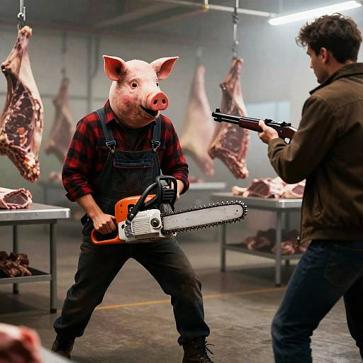 Man in Pig Mask with Chainsaw Confronting Armed Man in Meatpacking Plant