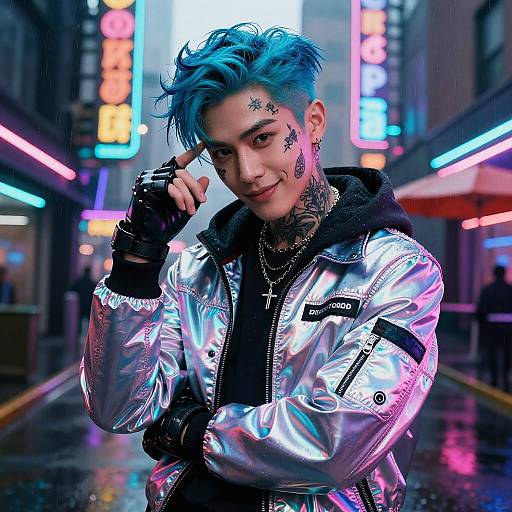 Cyberpunk street scene photograph: androgynous person with blue hair, star tattoos, silver jacket, black gloves, neon-lit urban background